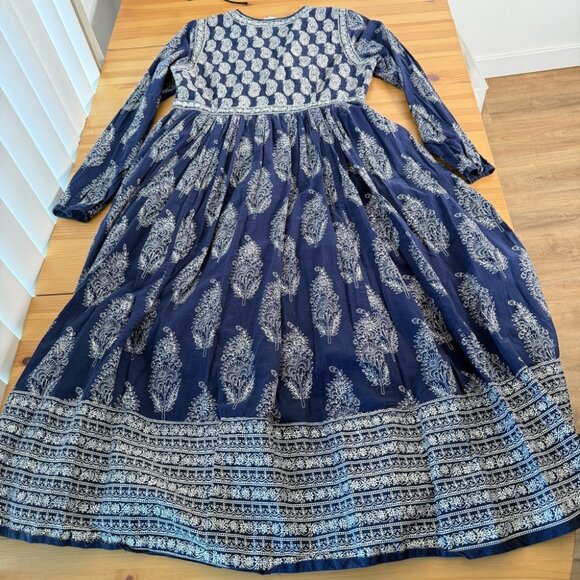 Anokhi Blue Paisley Midi Dress Long Sleeve A line 100% Cotton India Modest S - Picture 7 of 9